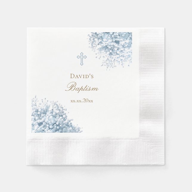 pastel blue baby's breath flowers Baptism Napkins (Front)