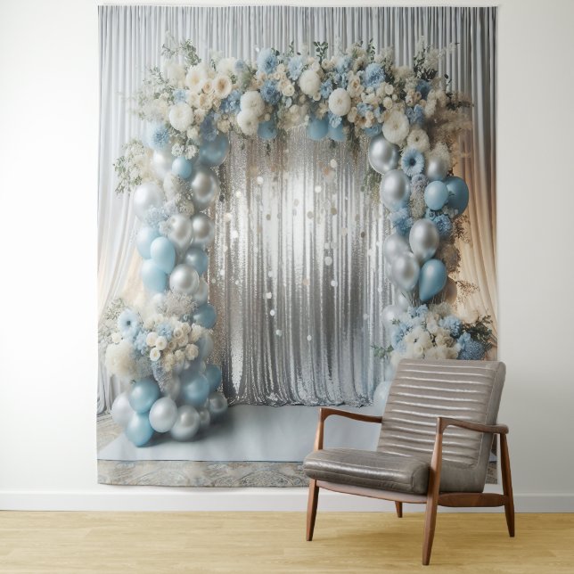 Pastel Blue Balloon Arch Backdrop, Soft Blue Flora (In Situ)