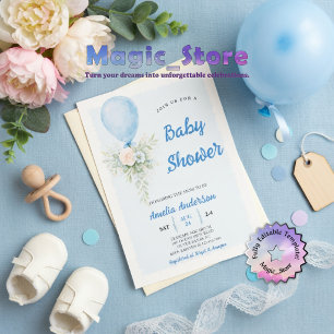 Pastel Blue Balloon Floral Watercoler Baby Shower Invitation