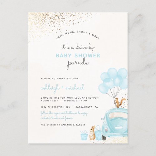 Pastel Blue Balloons Car Drive By Boy Baby Shower Invitation Postcard