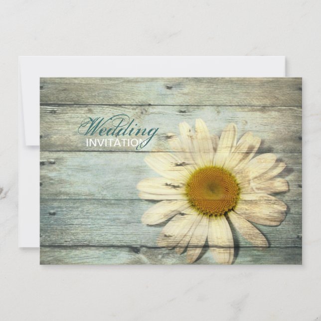 pastel blue barnwood country daisy wedding invitation (Front)