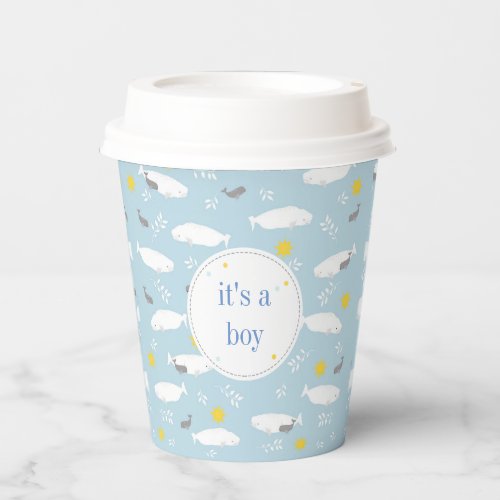 Pastel blue beluga whale stars baby shower design paper cups