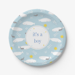 Pastel blue beluga whale stars baby shower design paper plates