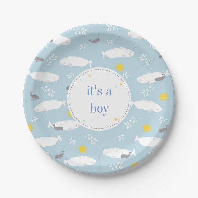 Pastel blue beluga whale stars baby shower design paper plates (Front)