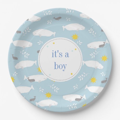 Pastel blue beluga whale stars baby shower design paper plates