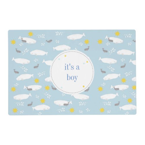 Pastel blue beluga whale stars baby shower design placemat