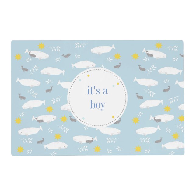Pastel blue beluga whale stars baby shower design placemat (Front)