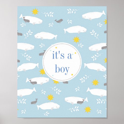 Pastel blue beluga whale stars baby shower design poster