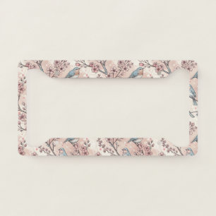 Pastel Blue Birds with Pink Cherry Blossoms License Plate Frame
