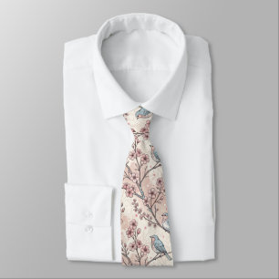 Pastel Blue Birds with Pink Cherry Blossoms Neck Tie