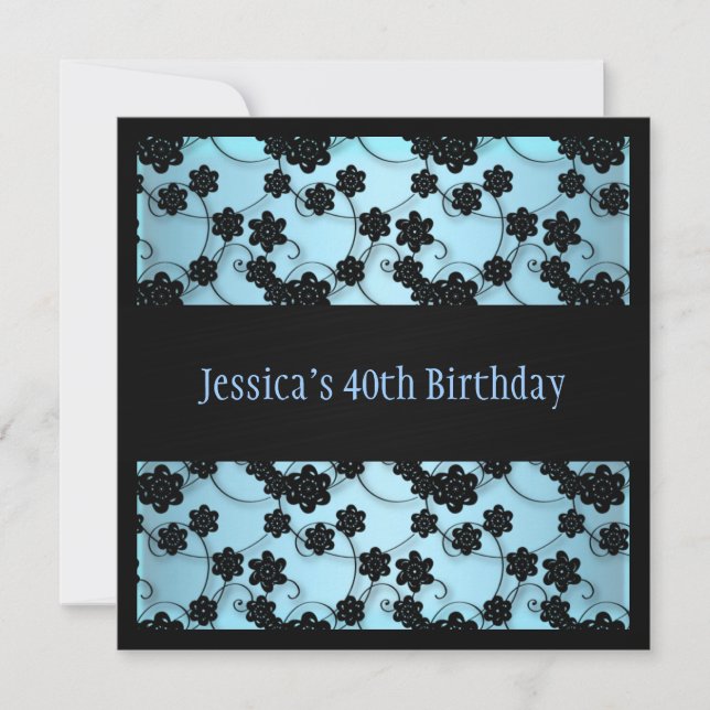 Pastel Blue & Black Flowers 40th Birthday Invitation (Front)