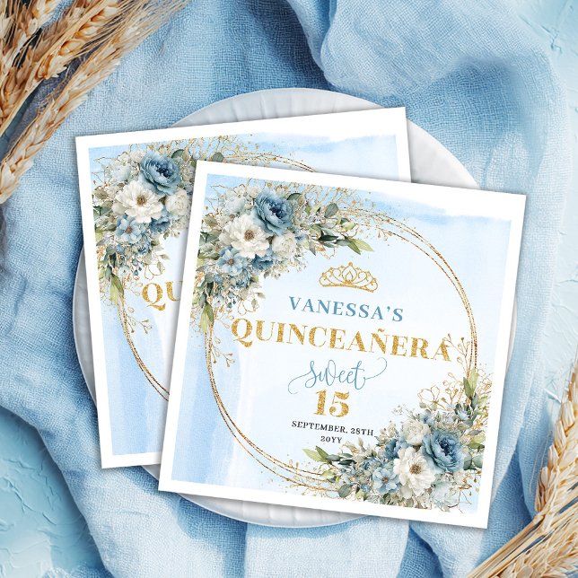 Pastel Blue Boho Floral Gold Glitter 15th Birthday Napkins (Pastel Blue Boho Floral Gold Glitter 15th Birthday Napkins)