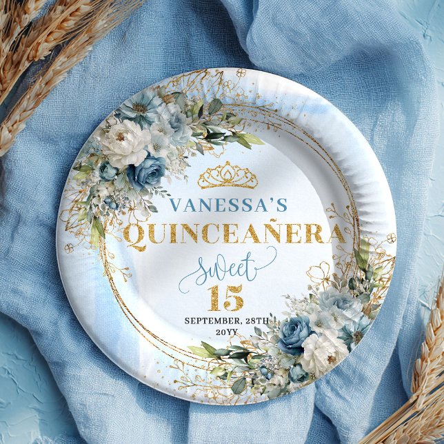 Pastel Blue Boho Floral Gold Glitter Quinceañera  Paper Plates (Pastel Blue Boho Floral Gold Glitter Quinceañera Plates)
