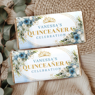 Pastel Blue Boho Floral Gold Quince Candy Wrapper Hershey Bar Favors