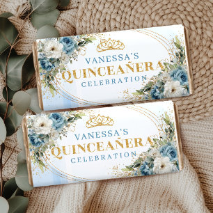 Pastel Blue Boho Greenery Gold Personalized 15th Hershey Bar Favors