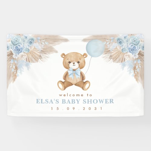 Pastel Blue Boho Pampas Teddy Bear Welcome Baby Banner