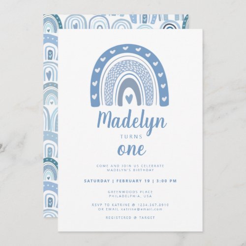 Pastel Blue Boho Rainbow First Birthday Invitation