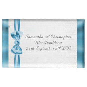 Pastel Blue Bow And White Traditional Wedding Place Card Holder by personalized_wedding at Zazzle