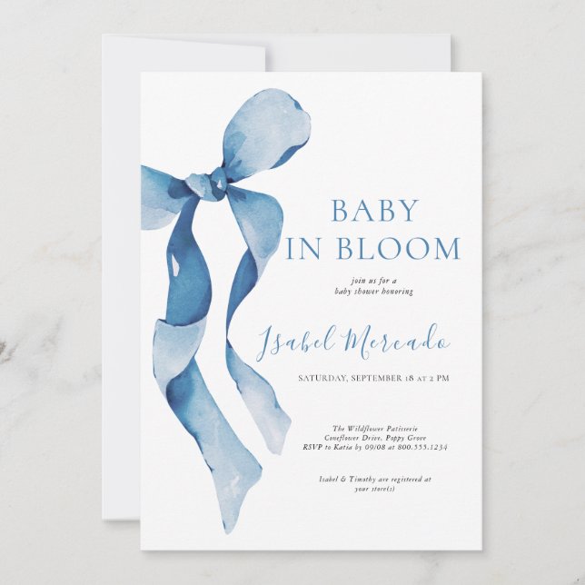 Pastel Blue Bow Baby in Bloom Invitation (Front)