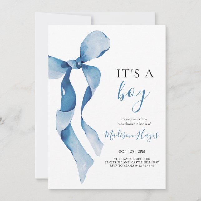 Pastel Blue Bow Baby Shower Card (Front)