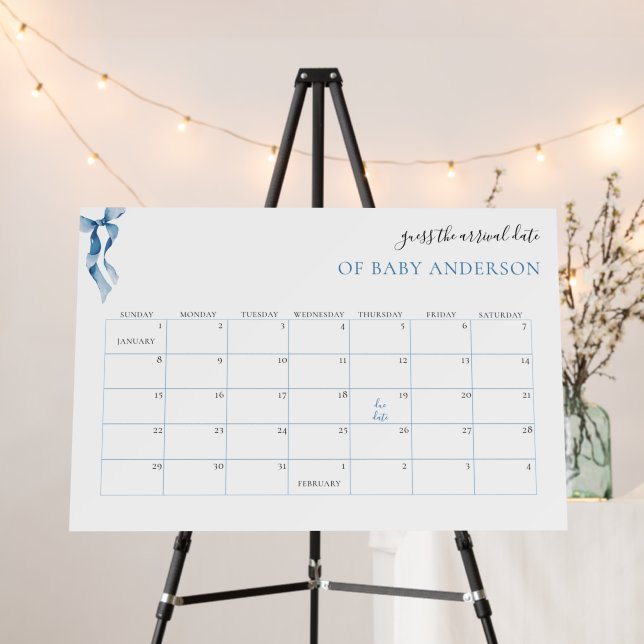 Pastel Blue Bow Baby Shower Due Date Calendar Foam Board (In Situ (Stand))