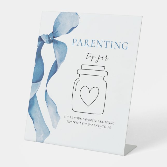 Pastel Blue Bow Baby Shower Parenting tip jar Pedestal Sign (Front)