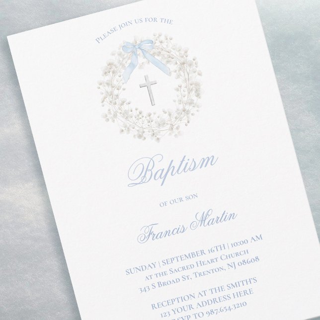 pastel blue bow baby's breath wreath Baptism Invitation (Creator Uploaded)