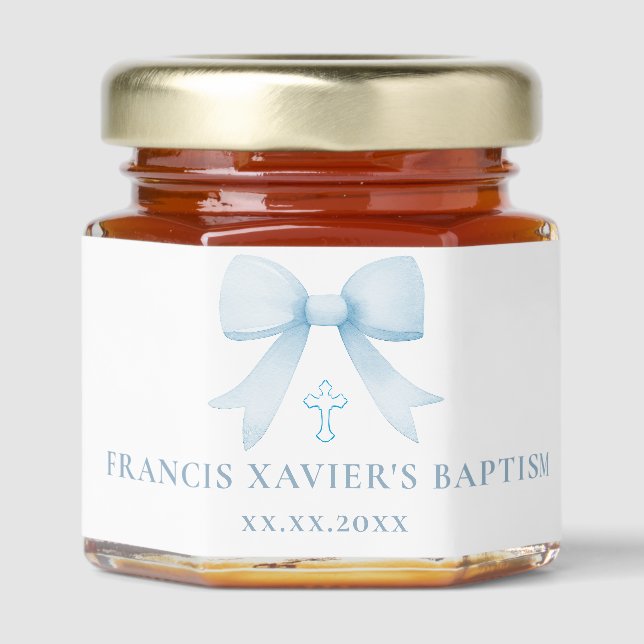 pastel blue bow Baptism Honey Jar Favors (Front)
