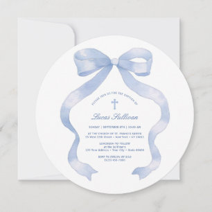Pastel Blue Bow Baptism Invitation