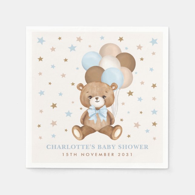 Pastel Blue Brown Teddy Bear Balloons Baby Shower Napkins (Front)