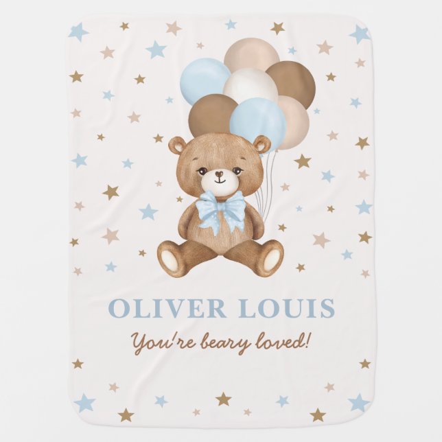 Pastel Blue Brown Teddy Bear Balloons Boy Nursery Baby Blanket (Front)