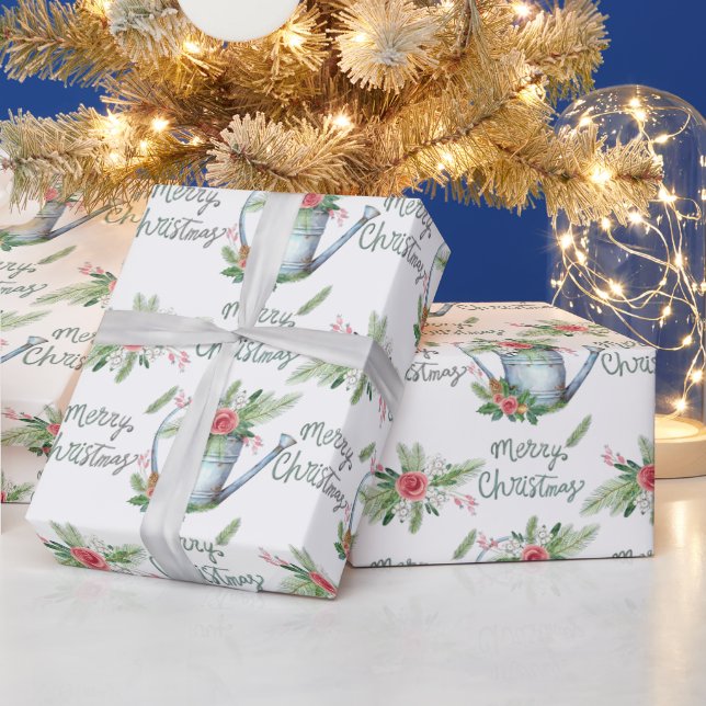 Pastel Blue Brush Script  Merry Christmas Floral Wrapping Paper (Holidays)
