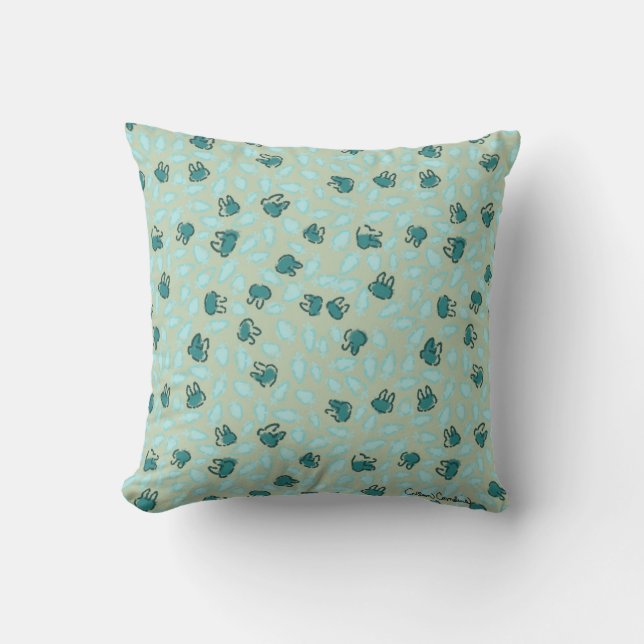 Pastel Blue Bunnies and Sky Blue Carrots on Cotton Throw Pillow (Front)