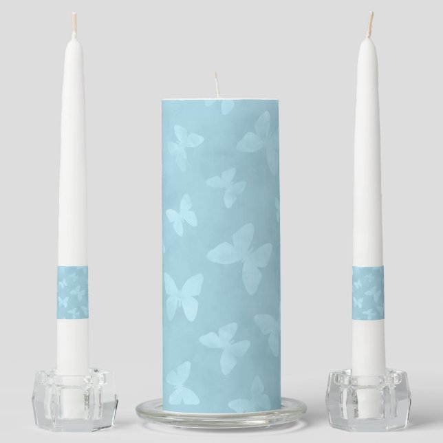 PASTEL BLUE BUTTERFLIES FLYING RANDOMLY UNITY CANDLE SET (Front)