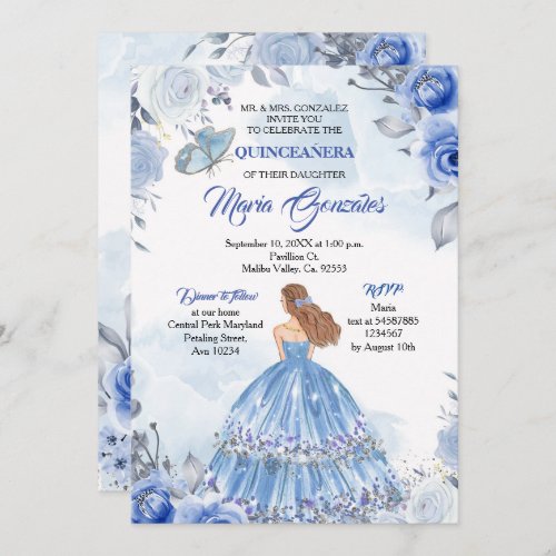 Pastel Blue Butterfly Quinceanera Mexican Birthday Invitation