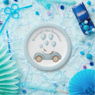 Pastel Blue Car & Balloons Boys Birthday Party -  Paper Plates