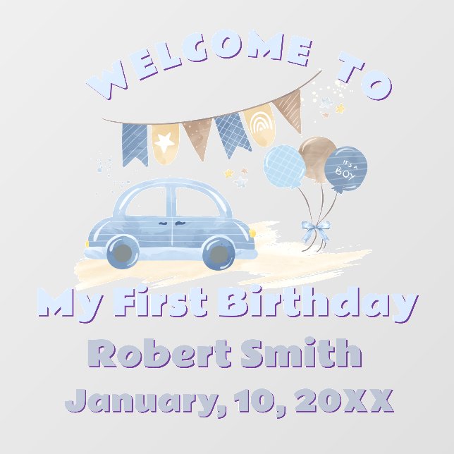 Pastel Blue Car with Balloons First Birthday Window Cling (Sheet)