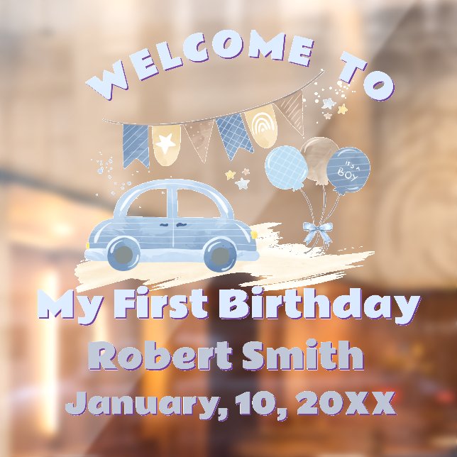  Pastel Blue Car with Balloons First Birthday Window Cling (Sheet 2)