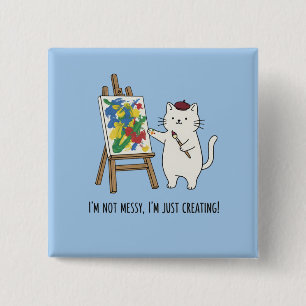 Pastel Blue Cat Artist Painting Abstract Messy Button