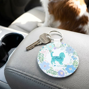Pastel Blue Cavalier King Charles Spaniel Floral  Keychain