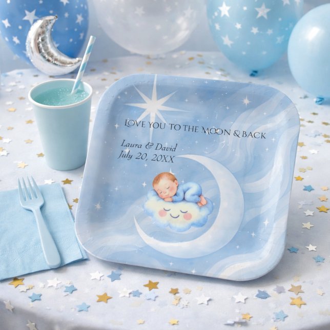 Pastel Blue Celestial Moon Baby Shower Paper Plates (Creator Uploaded)