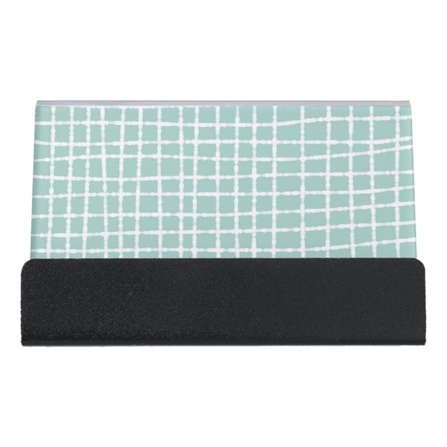 Pastel Blue Check Pattern Elegant  Desk Business Card Holder (Front)