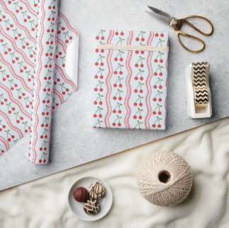 Pastel Blue Cherry & Scallop Stripe Pattern Wrapping Paper