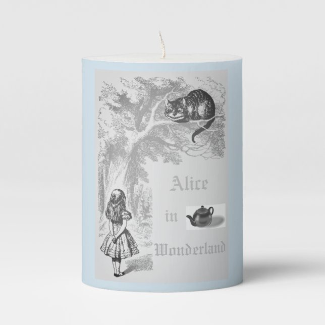 Pastel Blue Cheshire Cat  Alice in Wonderland Pillar Candle (Front)