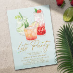 Pastel Blue | Chic Summer Cocktail Party Birthday Invitation<br><div class="desc">Adult birthday party invitations with watercolor illustrations of colorful cocktails and heading "Let's Party" script text. Birthday text can be changed to any summer event or cocktail party. Gold color font on a pastel blue background.</div>