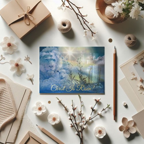 Pastel Blue Christ Is Risen Resurrection Easter Foil Holiday Card