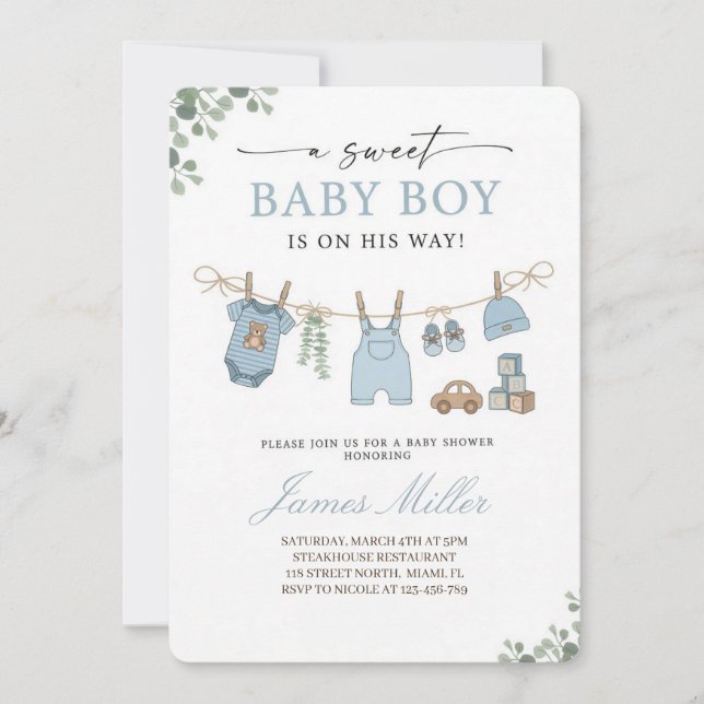 Pastel Blue Clothesline Baby Boy Shower Invitation (Front)