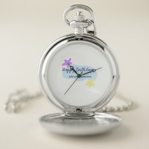 Pastel blue clouds stars purple happy birthday nam pocket watch