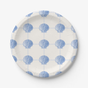 Pastel Blue Coastal Painted Clam Seashell Checkers Paper Plates