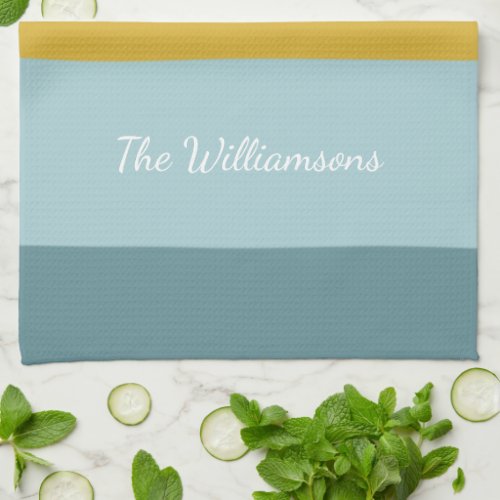 Pastel Blue Color Block Stripes Personalized Name Kitchen Towel